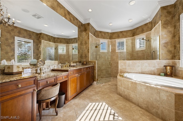 bathroom with visible vents, walk in shower, vanity, a garden tub, and tile walls