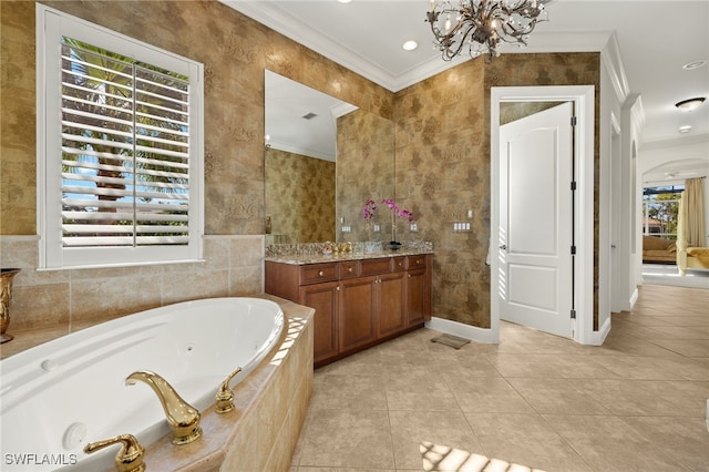 full bathroom featuring tile patterned flooring, a jetted tub, and ornamental molding