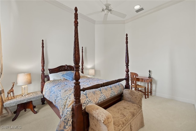 carpeted bedroom featuring visible vents, recessed lighting, crown molding, baseboards, and ceiling fan