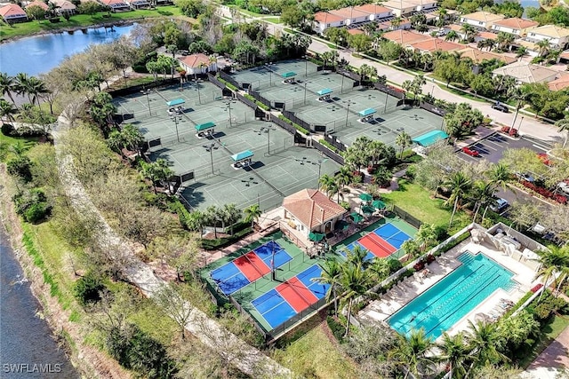 aerial view featuring a water view