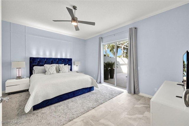 bedroom featuring access to exterior, crown molding, baseboards, and ceiling fan