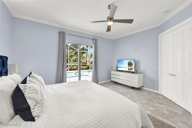 bedroom featuring access to exterior, baseboards, and crown molding