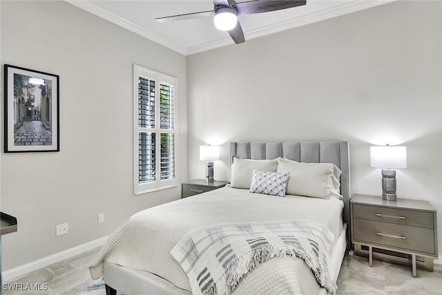 bedroom with ornamental molding, ceiling fan, and baseboards