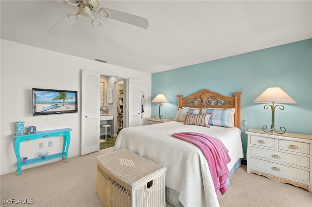 bedroom with a ceiling fan, carpet, and visible vents