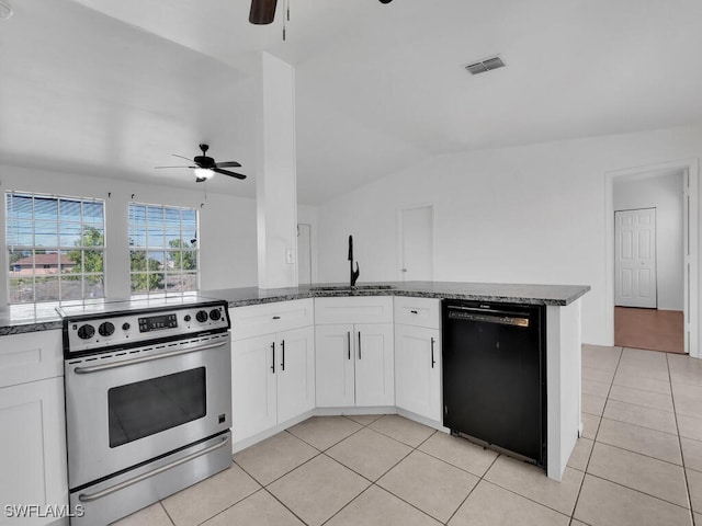 kitchen featuring visible vents, stainless steel range with electric stovetop, dark stone countertops, a sink, and dishwasher