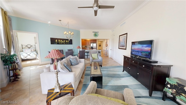 living area featuring ceiling fan with notable chandelier, crown molding, and light tile patterned floors