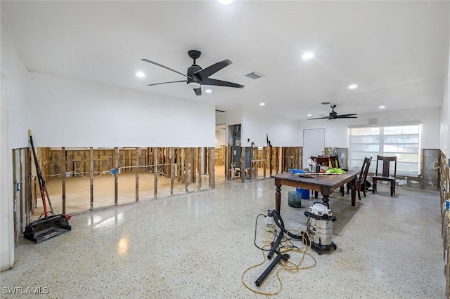 game room with a ceiling fan, recessed lighting, visible vents, and speckled floor