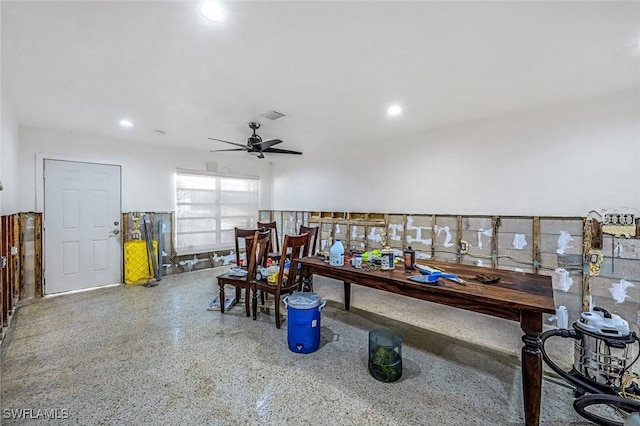 garage featuring visible vents, a ceiling fan, and recessed lighting