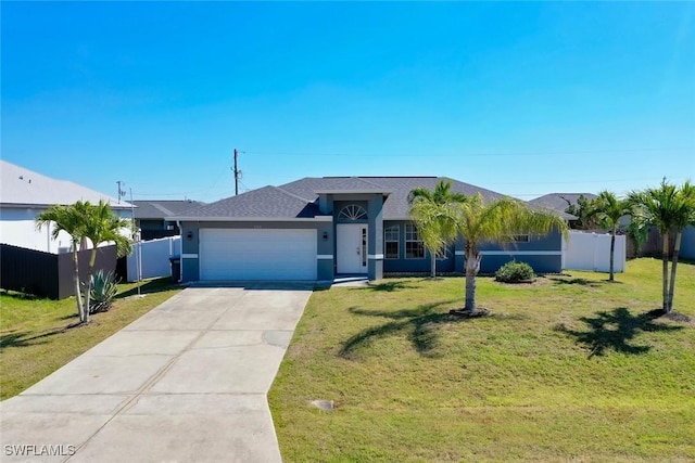 single story home with concrete driveway, an attached garage, fence, a front lawn, and stucco siding