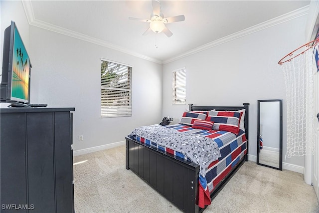 bedroom with light carpet, ceiling fan, ornamental molding, and baseboards