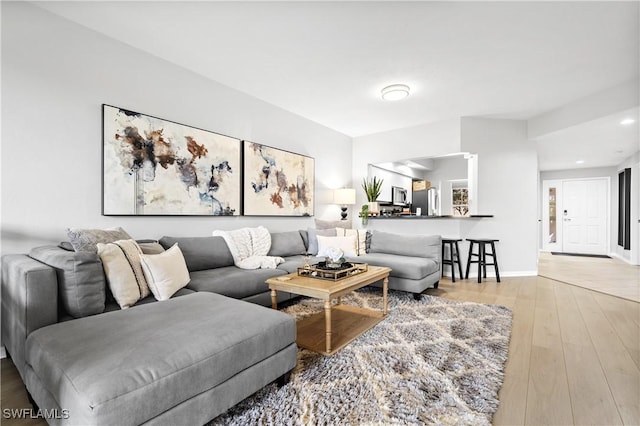 living room featuring wood-type flooring and baseboards