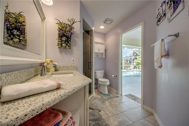 full bathroom with visible vents, baseboards, a shower stall, and toilet