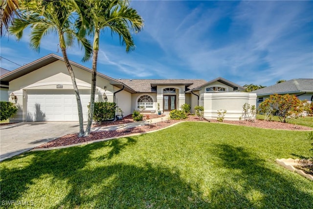 view of front of house featuring a garage, driveway, a front lawn, and stucco siding