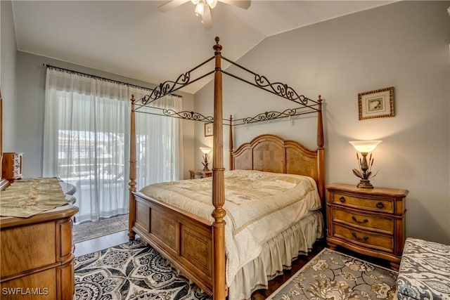 bedroom with lofted ceiling, access to exterior, and ceiling fan