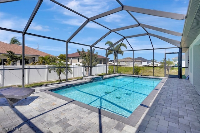 view of pool featuring a residential view, a fenced in pool, a patio, and fence