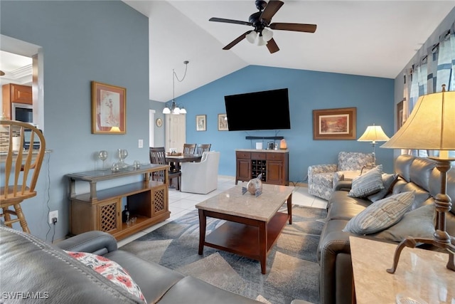 1442 SE 15th Ter, Cape Coral, FL 33990 - living area with vaulted ceiling, a ceiling fan, a chandelier, and tile patterned floors