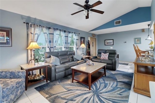 1442 SE 15th Ter, Cape Coral, FL 33990 - living area with lofted ceiling, a ceiling fan, and tile patterned flooring