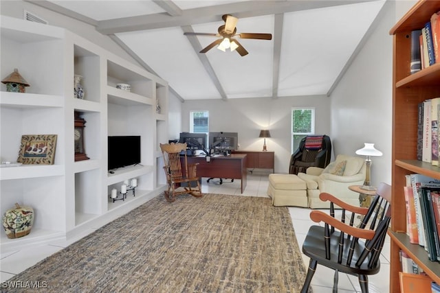 1442 SE 15th Ter, Cape Coral, FL 33990 - home office with tile patterned flooring, a ceiling fan, and built in shelves
