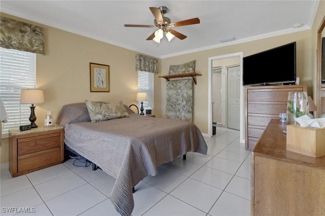 1442 SE 15th Ter, Cape Coral, FL 33990 - bedroom featuring ornamental molding, light tile patterned floors, baseboards, and a ceiling fan