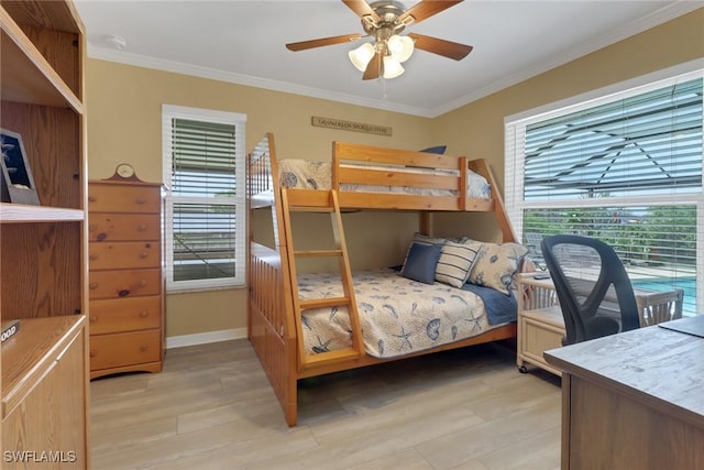1442 SE 15th Ter, Cape Coral, FL 33990 - bedroom with ornamental molding, light wood-type flooring, baseboards, an office area, and a ceiling fan