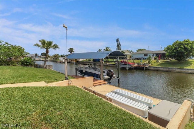 1442 SE 15th Ter, Cape Coral, FL 33990 - dock area featuring boat lift, a water view, and a lawn