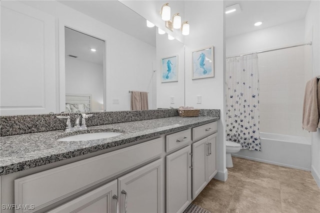 bathroom with toilet, shower / tub combo with curtain, and vanity