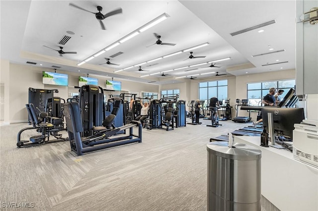 gym featuring visible vents, recessed lighting, and carpet