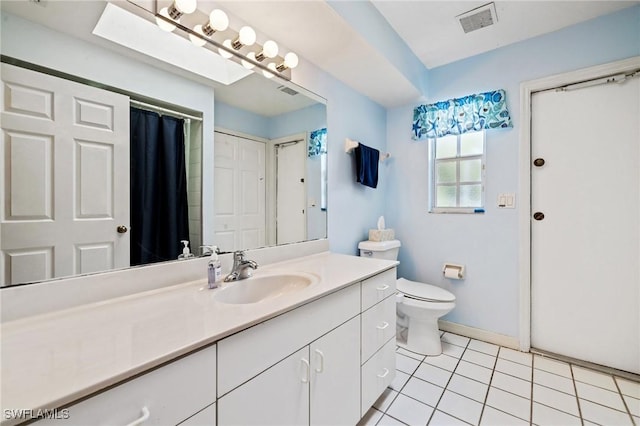 bathroom featuring toilet, vanity, visible vents, and tile patterned floors