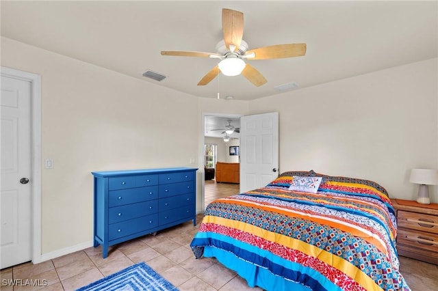 bedroom with a ceiling fan, visible vents, baseboards, and light tile patterned flooring