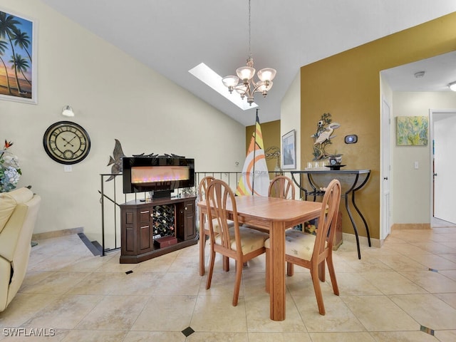 dining area with vaulted ceiling, light tile patterned flooring, baseboards, and an inviting chandelier