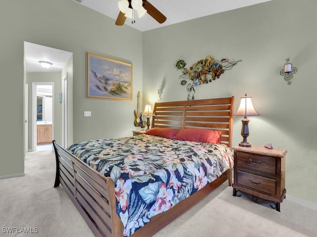 bedroom featuring carpet floors, ceiling fan, and baseboards