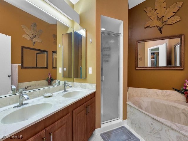 bathroom featuring double vanity, a sink, a bath, and a shower stall