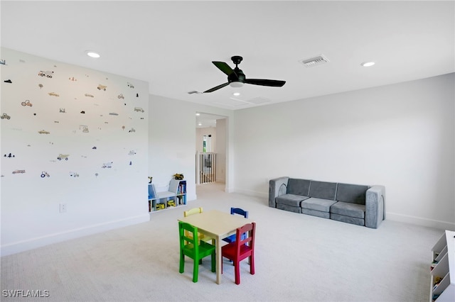 recreation room featuring baseboards, carpet flooring, visible vents, and recessed lighting