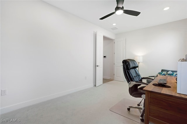 office with carpet, baseboards, ceiling fan, and recessed lighting