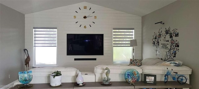 living area featuring lofted ceiling