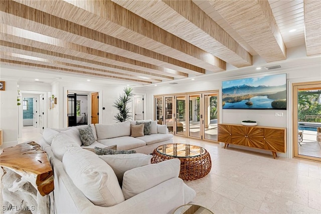 living area featuring wooden ceiling, recessed lighting, beamed ceiling, and french doors