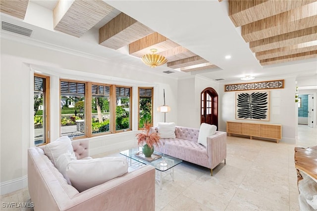 living area featuring baseboards, visible vents, ornamental molding, and recessed lighting