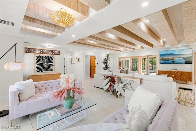 living area with wood ceiling, visible vents, beamed ceiling, and recessed lighting