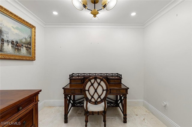 office space with recessed lighting, crown molding, baseboards, and an inviting chandelier