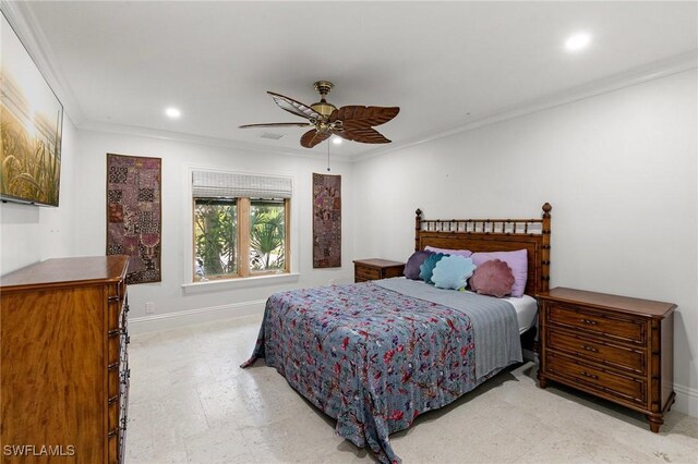 bedroom with ornamental molding, recessed lighting, and baseboards