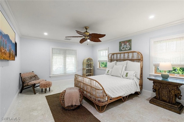 bedroom featuring ornamental molding, ceiling fan, and baseboards