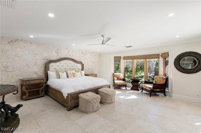 bedroom with baseboards, visible vents, ceiling fan, and recessed lighting