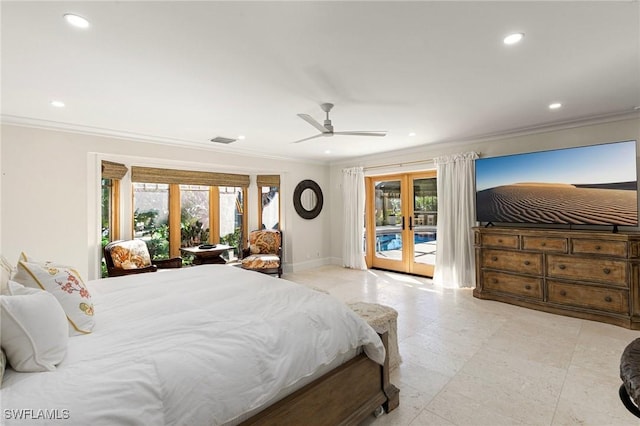 bedroom with visible vents, ornamental molding, access to outside, french doors, and recessed lighting