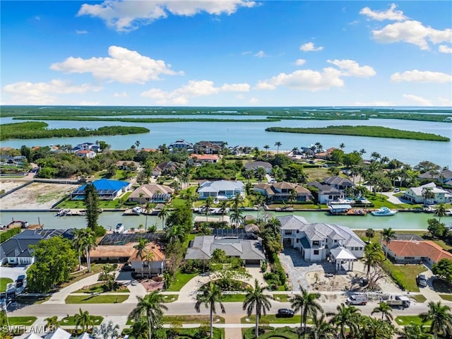 birds eye view of property featuring a water view and a residential view