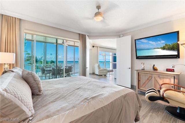 bedroom featuring wood finished floors, access to exterior, and a ceiling fan