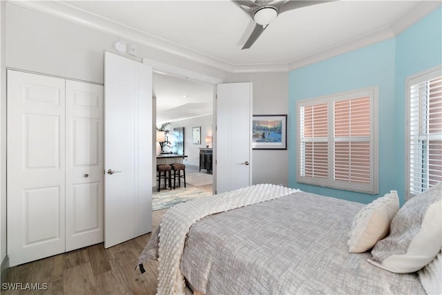 bedroom with ceiling fan, a closet, wood finished floors, and ornamental molding