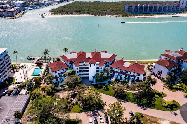 drone / aerial view featuring a water view