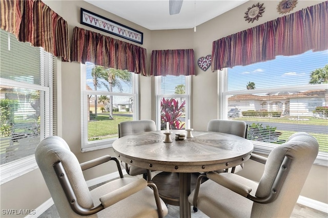 dining room featuring ceiling fan and baseboards