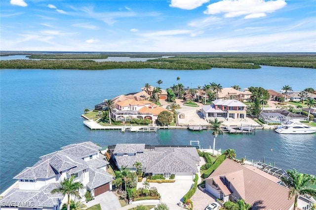 aerial view with a water view and a residential view