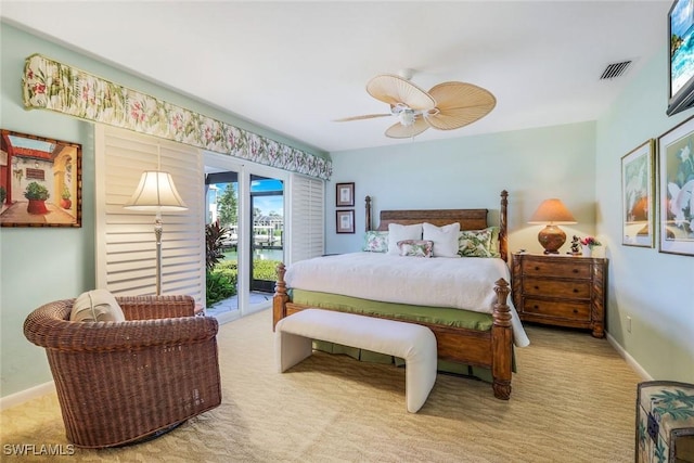 bedroom with baseboards, visible vents, a ceiling fan, access to exterior, and carpet flooring